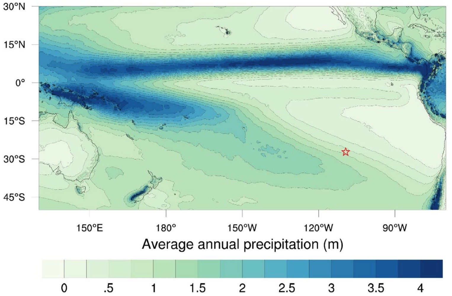 Average annual precipitation over the central and south Pacific Ocean from 1979 to 2017.