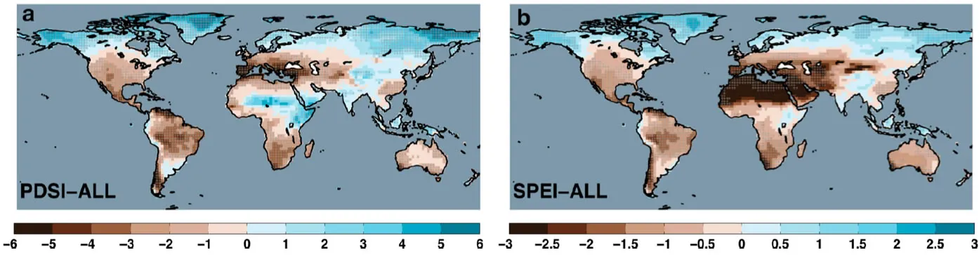 From Figure 11 in Cook et al. (2014): Multi-model mean PDSI-ALL (a) and SPEI-ALL (b) for 2080-2099. For PDSI, cross hatching indicates cells where, for multi-model mean PDSI anomalies exceeding -1 or +2, at least 12 of the 15 models (80%) also exceed these thresholds. For SPEI, the cross-hatching threshold is for 80% agreement with threhold values of -0.5 or +0.5 in the multi-model mean.