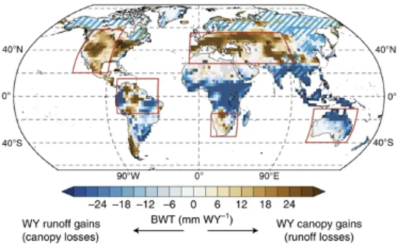 Relative changes in the hydrological budget at the land surface as measured by the Blue Water Metric