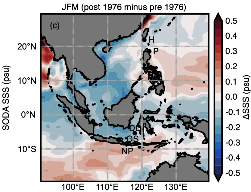 Sea surface salinity before the 1976 climate shift subtracted from sea surface salinity after the climate shift.