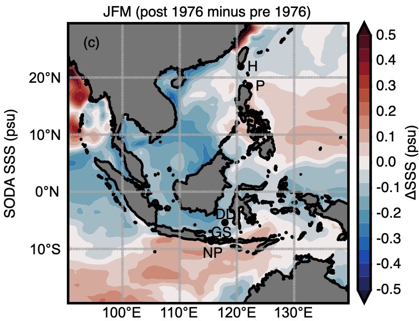 Sea surface salinity before the 1976 climate shift subtracted from sea surface salinity after the climate shift.