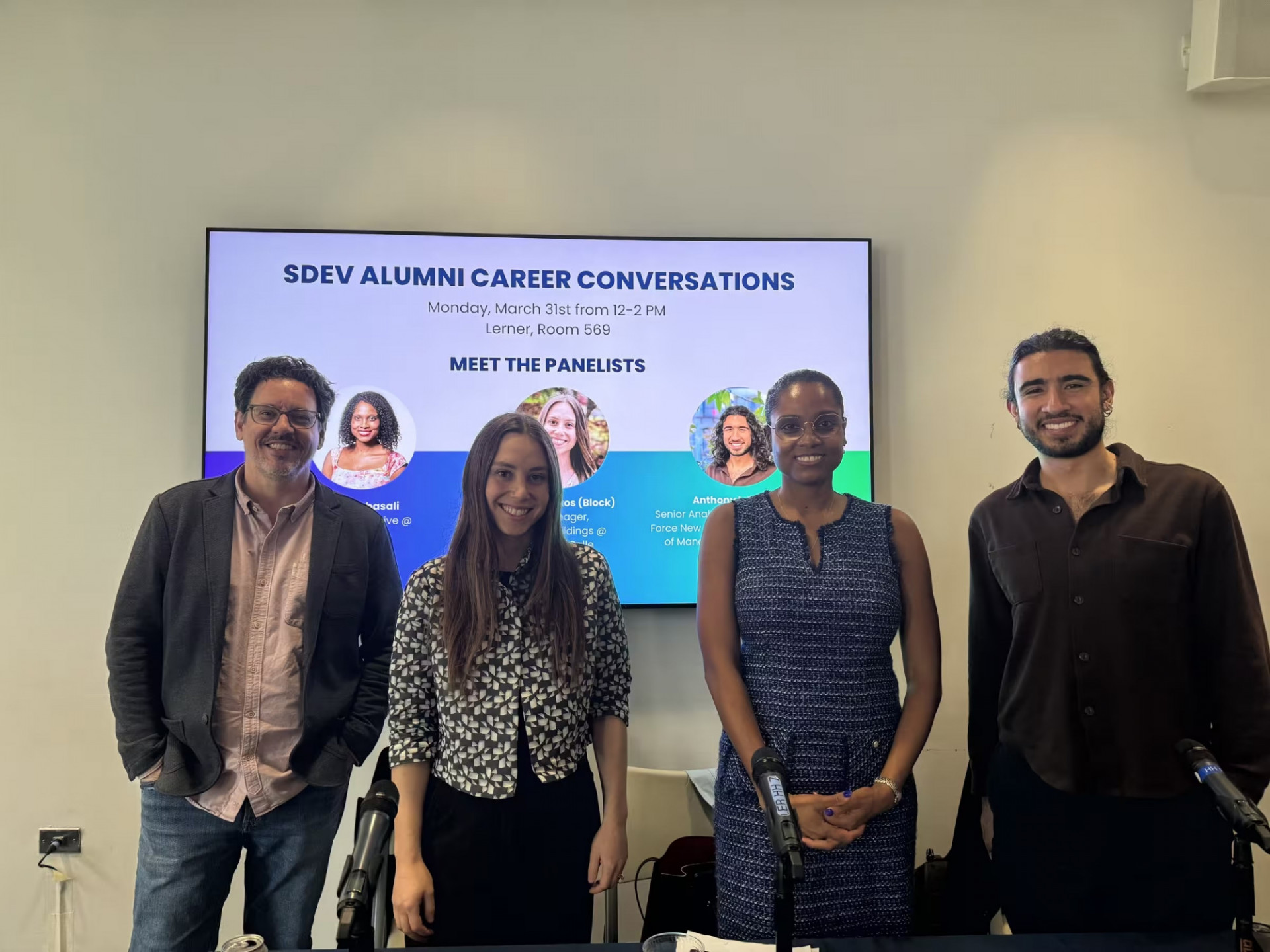 Jason Smerdon with SDEV Alumni Annie Evangelakos (Block), Kayran Abasali, Anthony Perez. Credit: Lylia Saurel